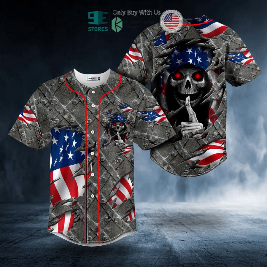 BEST American Flag Grim Reaper Shh Red Eyes Skull Baseball Shirt Unisex T-shirt, Sweatshirt, Hoodie, Long Sleeve Tee - T-Shirt, Sweatshirt, Hoodie