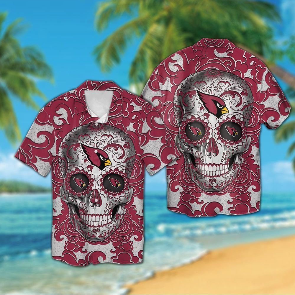Arizona Cardinals Sugarskull Short Sleeve Button Up Tropical Hawaiian Shirt Unisex T-shirt, Sweatshirt, Hoodie, Long Sleeve Tee - T-Shirt, Sweatshirt, Hoodie