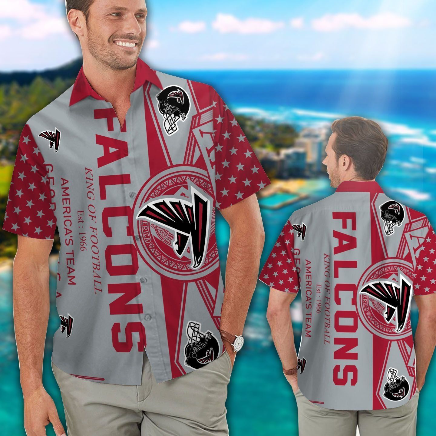 Atlanta Falcons Hawaiian Short Sleeve Tropical Shirt Button Up Unisex T-shirt, Sweatshirt, Hoodie, Long Sleeve Tee - T-Shirt, Sweatshirt, Hoodie