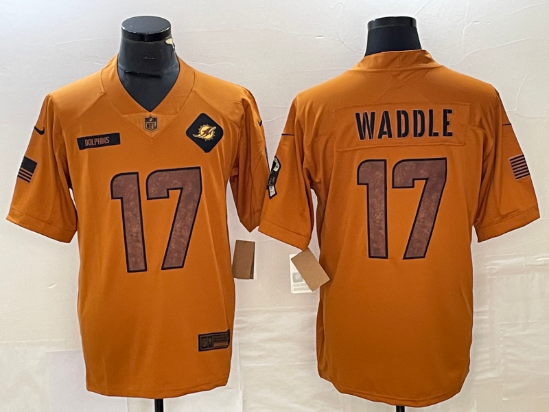 Men's Miami Dolphins Jaylen Waddle Brown 2023 Salute To Service Limited Jersey football jersey product view 1