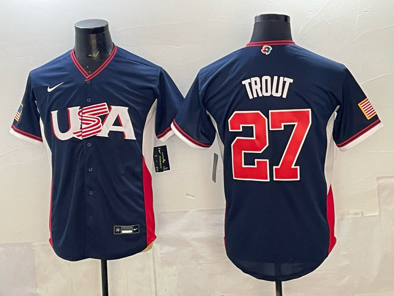 Men's USA Baseball Mike Trout #27 Navy 2026 World Baseball Classic Stadium Jersey baseball jersey product view 1