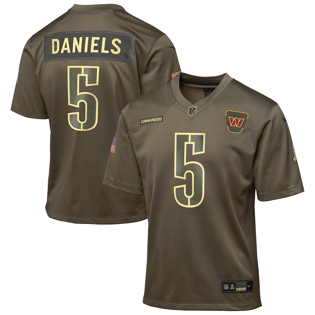 Youth Washington Commanders Jayden Daniels Olive 2025 Salute to Service Game Jersey football jersey product view 1