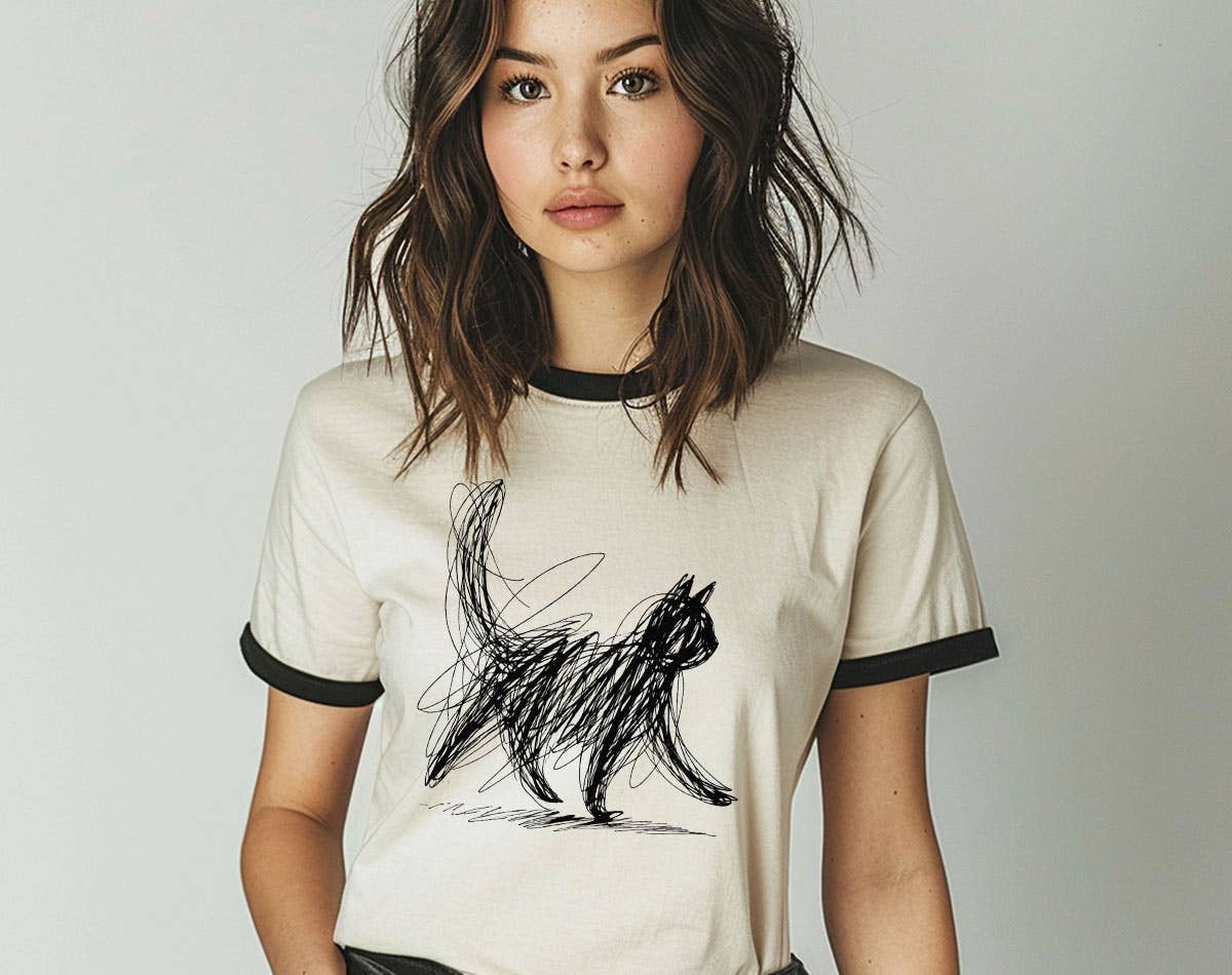 Cat Abstract Drawing   - Cute Kitten Art Ringer Shirt Unisex T-shirt, Sweatshirt, Hoodie, Long Sleeve Tee - T-Shirt, Sweatshirt, Hoodie