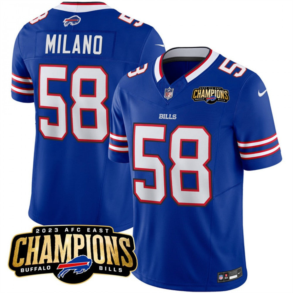 Men's Buffalo Bills #58 Matt Milano Blue 2023 F.U.S.E. AFC East Champions Ptach Stitched Football Jersey football jersey product view 1