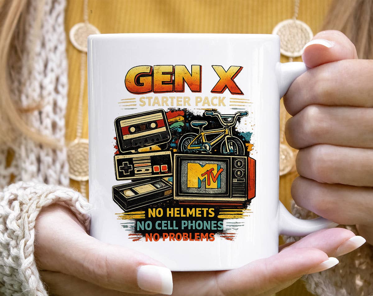 Gen-X Starter Pack 80s & 90s Nostalgia Vhs Bike Coffee Mug Unisex T-shirt, Sweatshirt, Hoodie, Long Sleeve Tee - T-Shirt, Sweatshirt, Hoodie