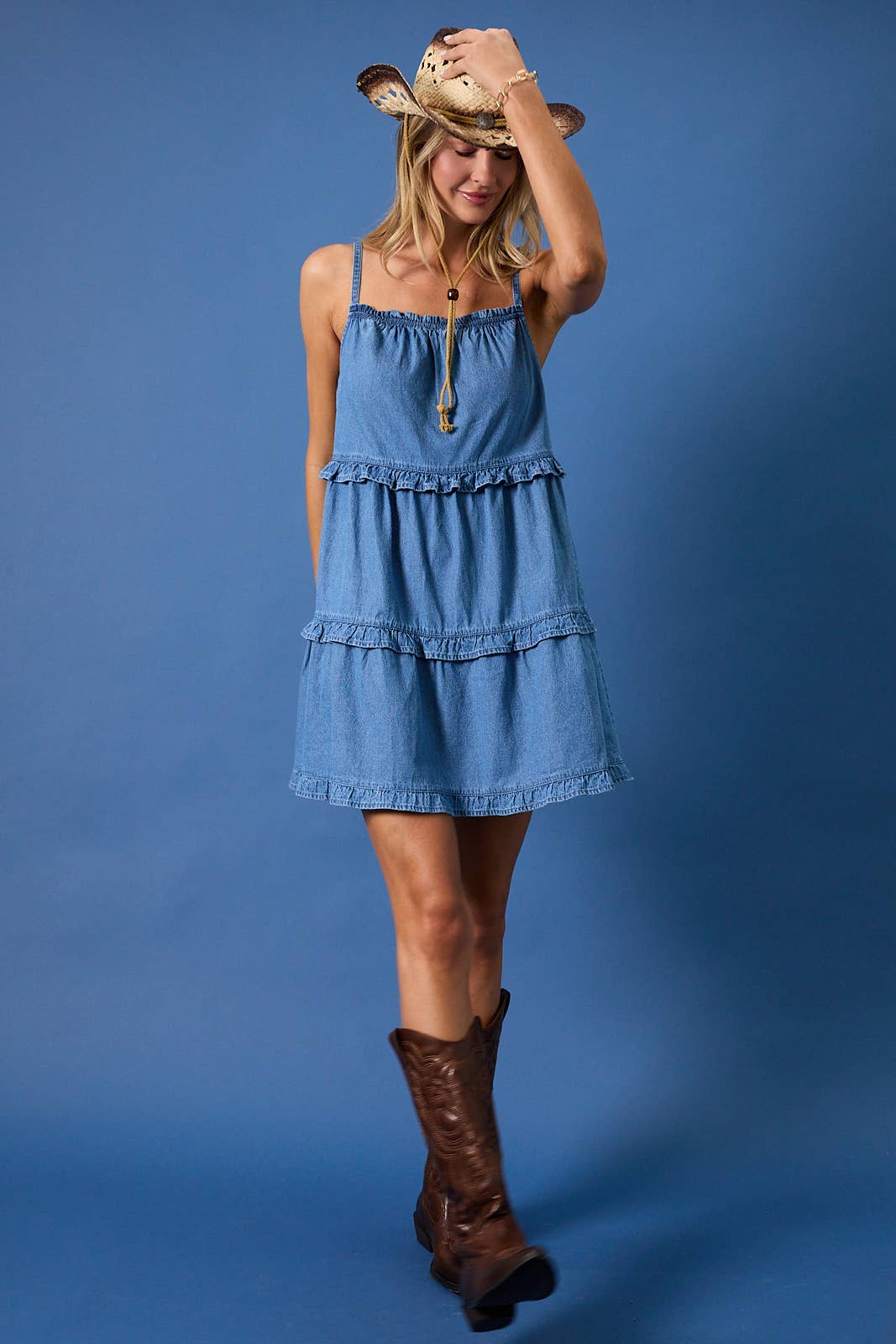 Sleeveless Ruffle Detail Denim Mini Dress Unisex T-shirt, Sweatshirt, Hoodie, Long Sleeve Tee - T-Shirt, Sweatshirt, Hoodie