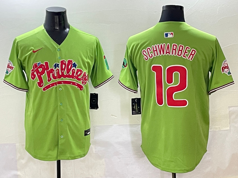 Men's Philadelphia Phillies Kyle Schwarber #12 Green Player Jersey1 baseball jersey product view 1