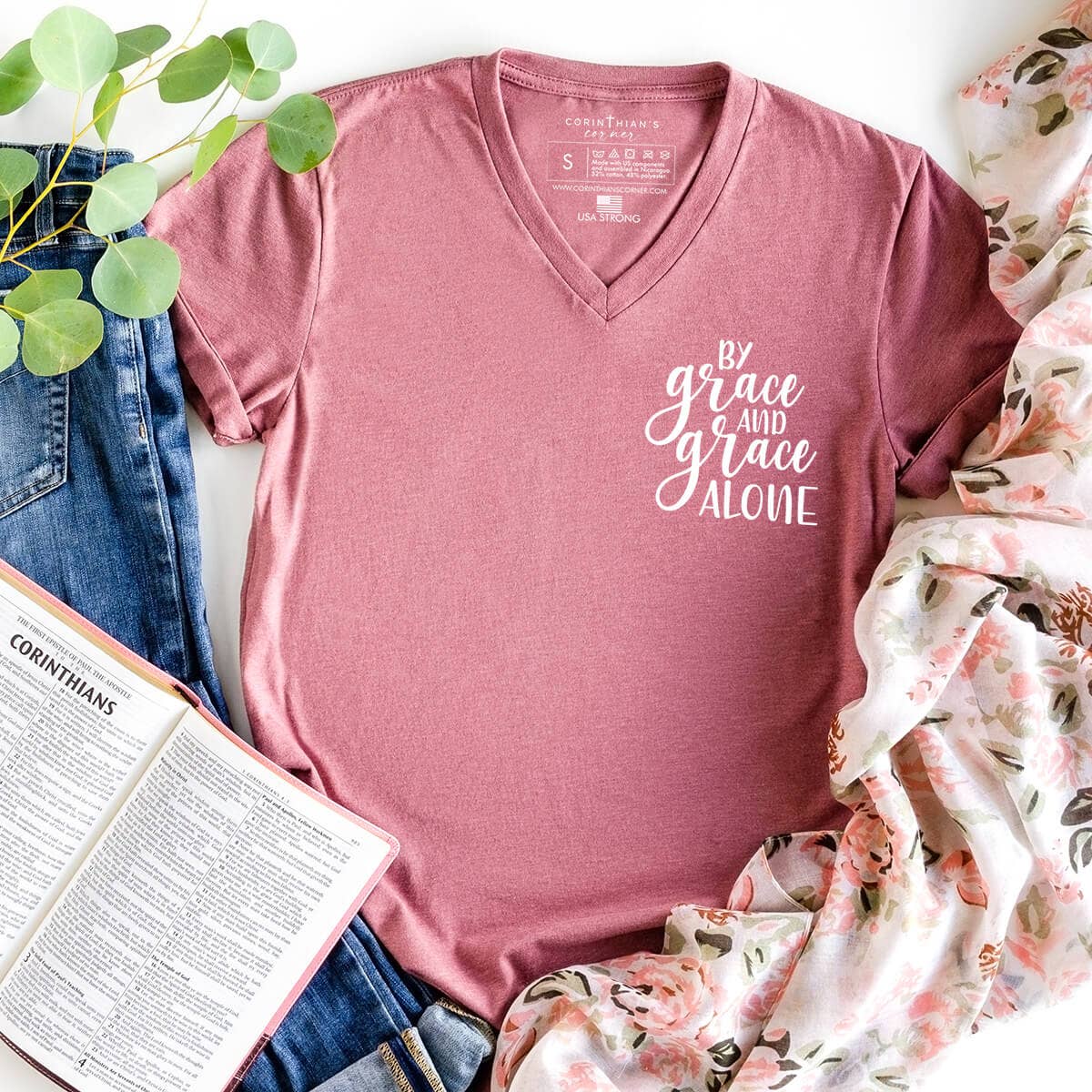 By Grace and Grace Alone Bible Verse V-Neck Shirt Unisex T-shirt, Sweatshirt, Hoodie, Long Sleeve Tee - T-Shirt, Sweatshirt, Hoodie