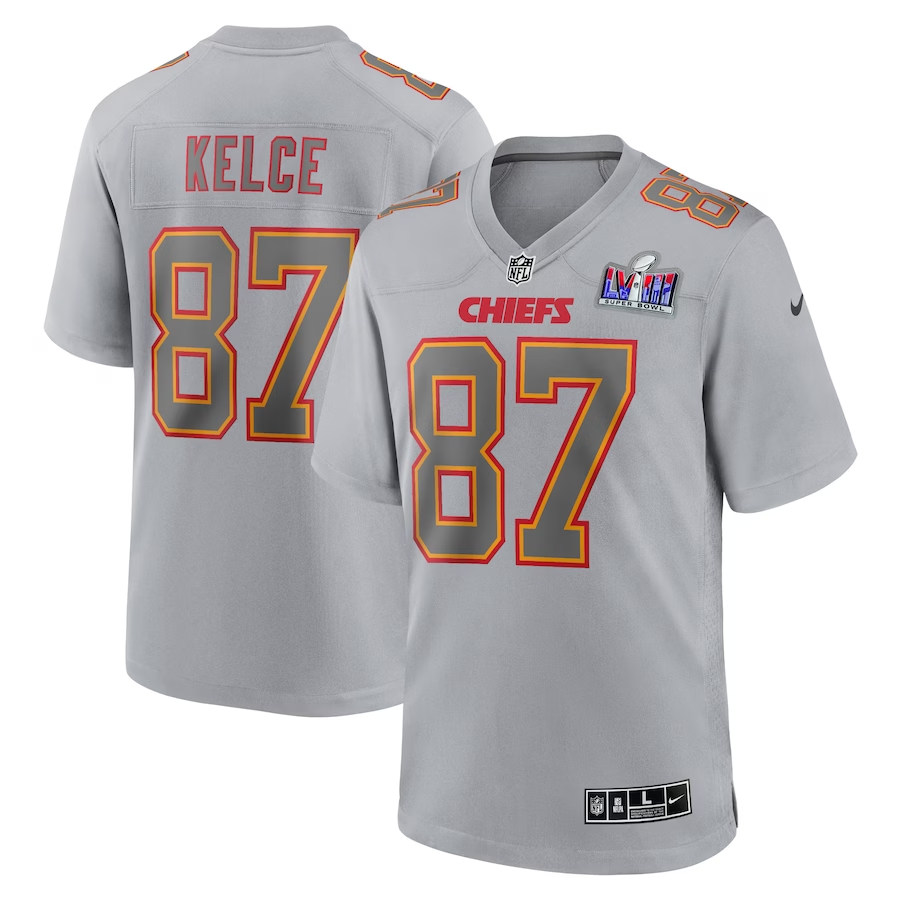 Men's Kansas City Chiefs Travis Kelce Gray Super Bowl LVIII Atmosphere Fashion Game Jersey football jersey product view 1
