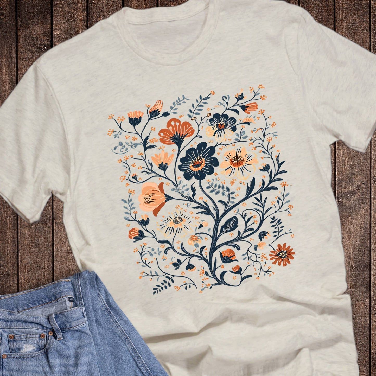 Florals Orange and Navy Graphic Tee Unisex T-shirt, Sweatshirt, Hoodie, Long Sleeve Tee - T-Shirt, Sweatshirt, Hoodie