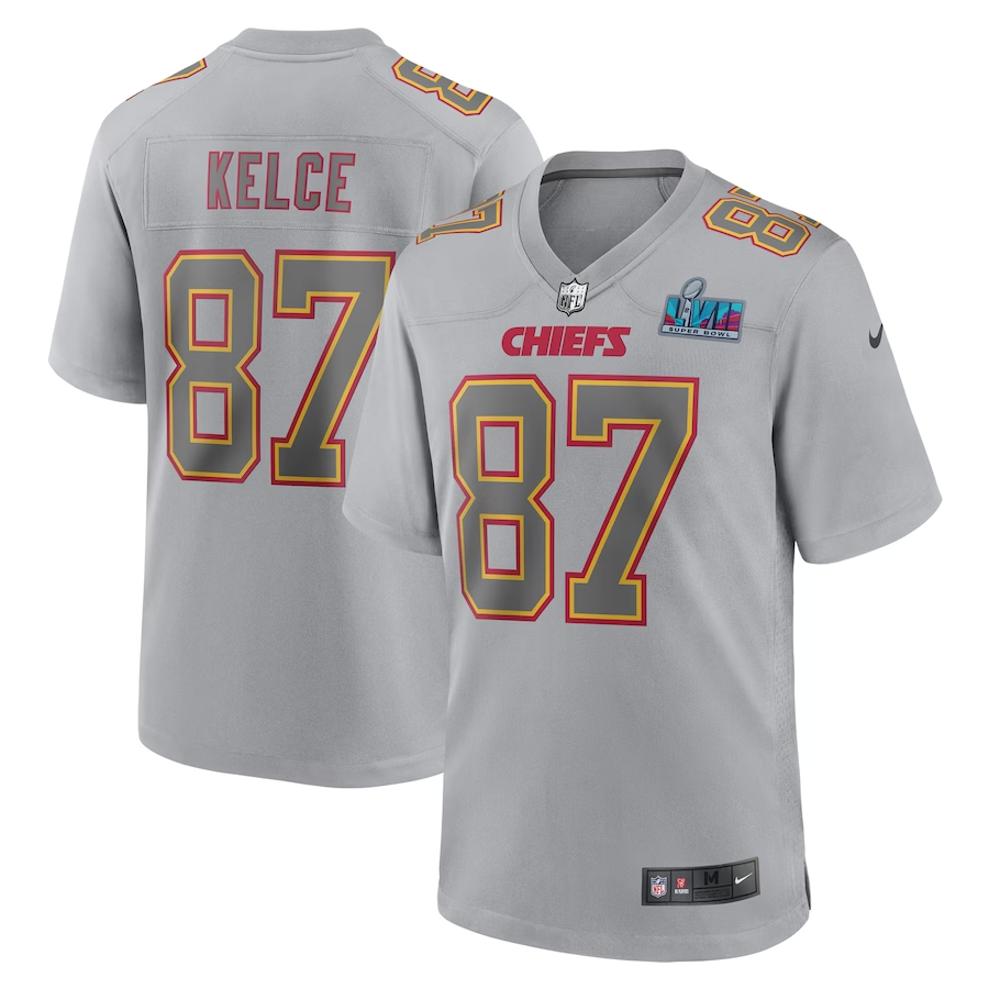Men's Kansas City Chiefs Travis Kelce Gray Super Bowl LVII Patch Atmosphere Fashion Game Jersey football jersey product view 1