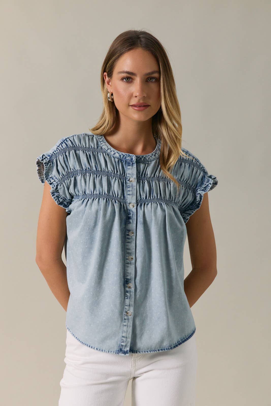 Polka Dot Denim Button Up Shirt with Smock and Ruffle Unisex T-shirt, Sweatshirt, Hoodie, Long Sleeve Tee - T-Shirt, Sweatshirt, Hoodie