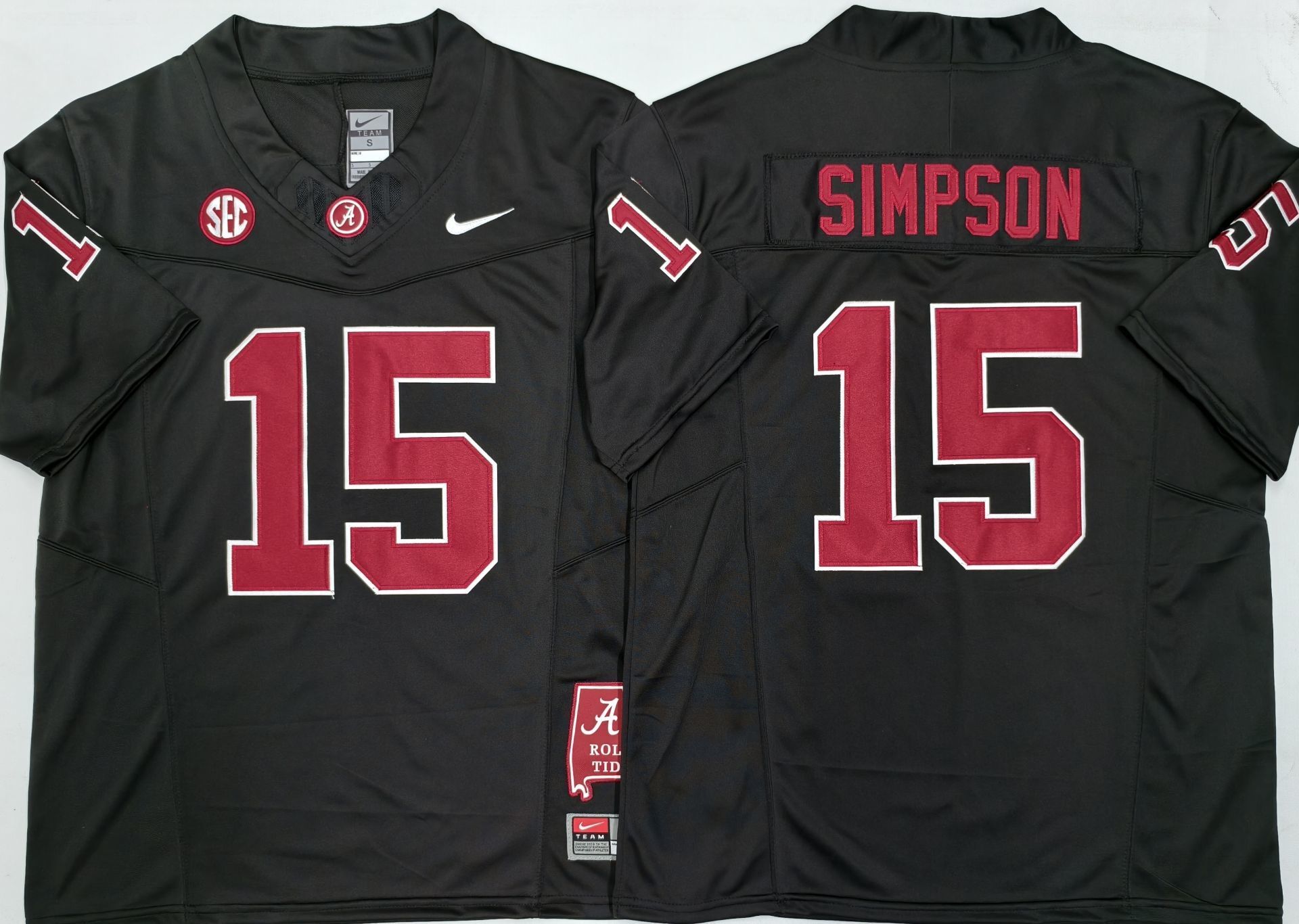 Men's Alabama Crimson Tide Ty Simpson #15 Black Player Game Jersey sports jersey product view 1