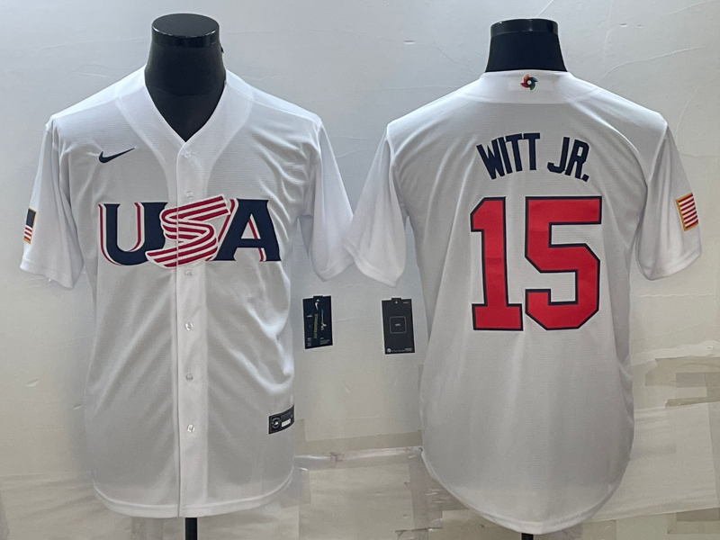 Men's 2023 World Baseball Classic Bobby Witt Jr. USA White Jersey baseball jersey product view 1