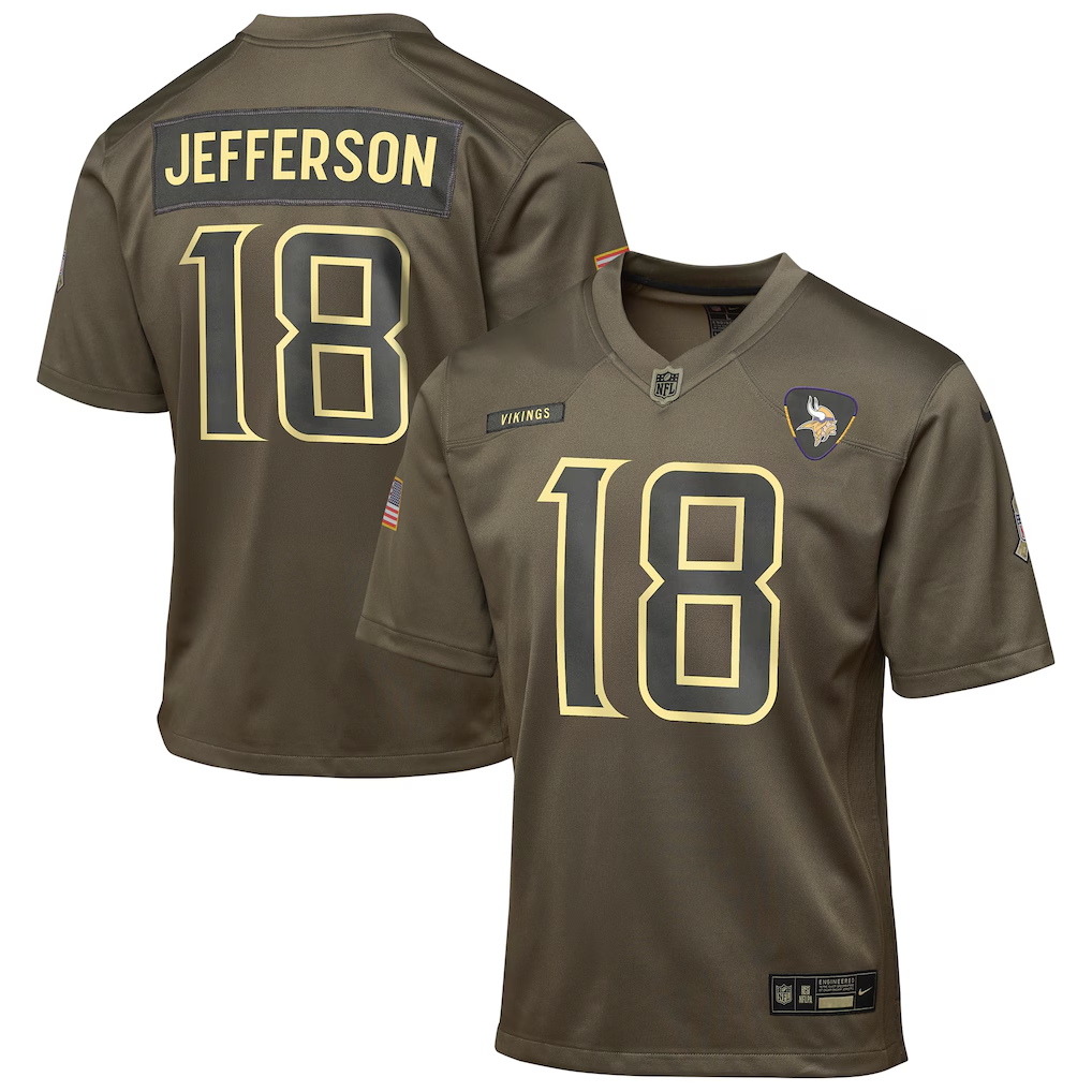 Youth Minnesota Vikings Justin Jefferson Olive 2025 Salute to Service Game Jersey football jersey product view 1