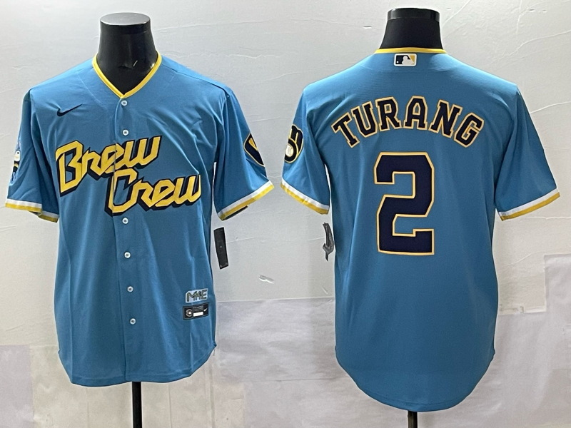 Men's Milwaukee Brewers Brice Turang Powder Blue City Connect Replica Player Jersey baseball jersey product view 1