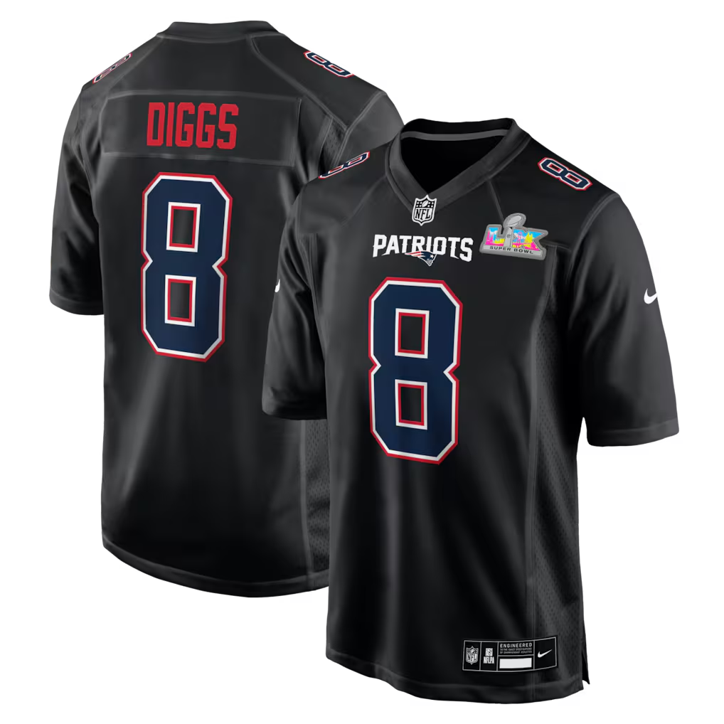 Men's New England Patriots Stefon Diggs #8 Black Super Bowl LX Patch Carbon Fashion Game Jersey football jersey product view 1