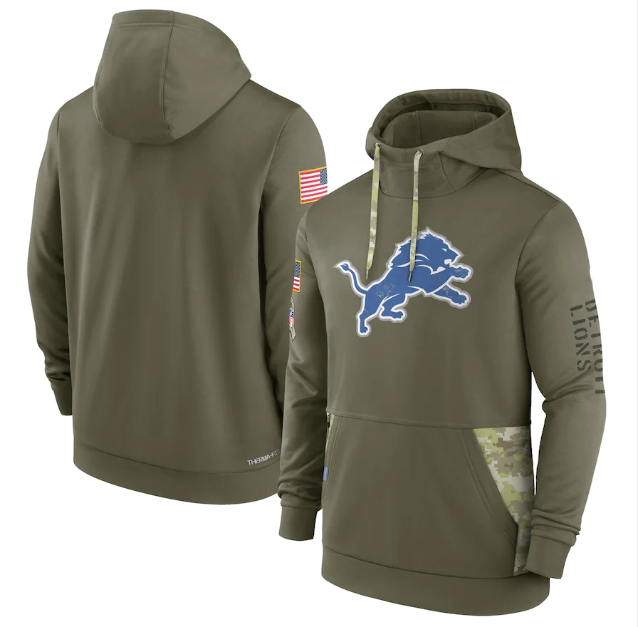 Men's Detroit Lions Olive 2022 Salute to Service Therma Performance Pullover Hoodie1 football jersey product view 1