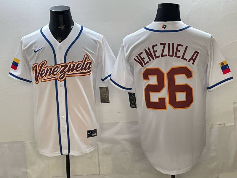 Men's Venezuela Baseball #26 White 2026 World Baseball Classic Stadium Jersey baseball jersey product view 1