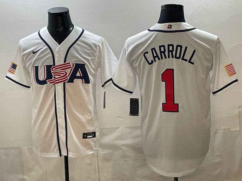 Men's USA Baseball Corbin Carroll #1 White 2026 World Baseball Classic Stadium Jersey baseball jersey product view 1