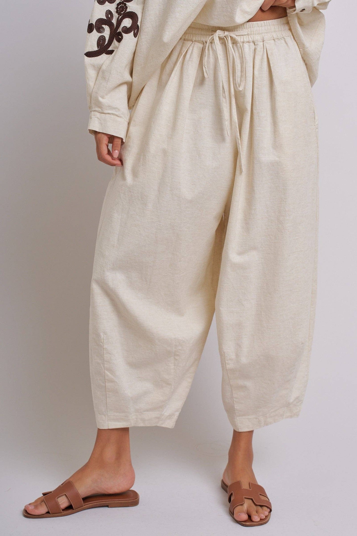 Cotton Linen Drawstring Cocoon Pants with Elastic Waist Unisex T-shirt, Sweatshirt, Hoodie, Long Sleeve Tee - T-Shirt, Sweatshirt, Hoodie