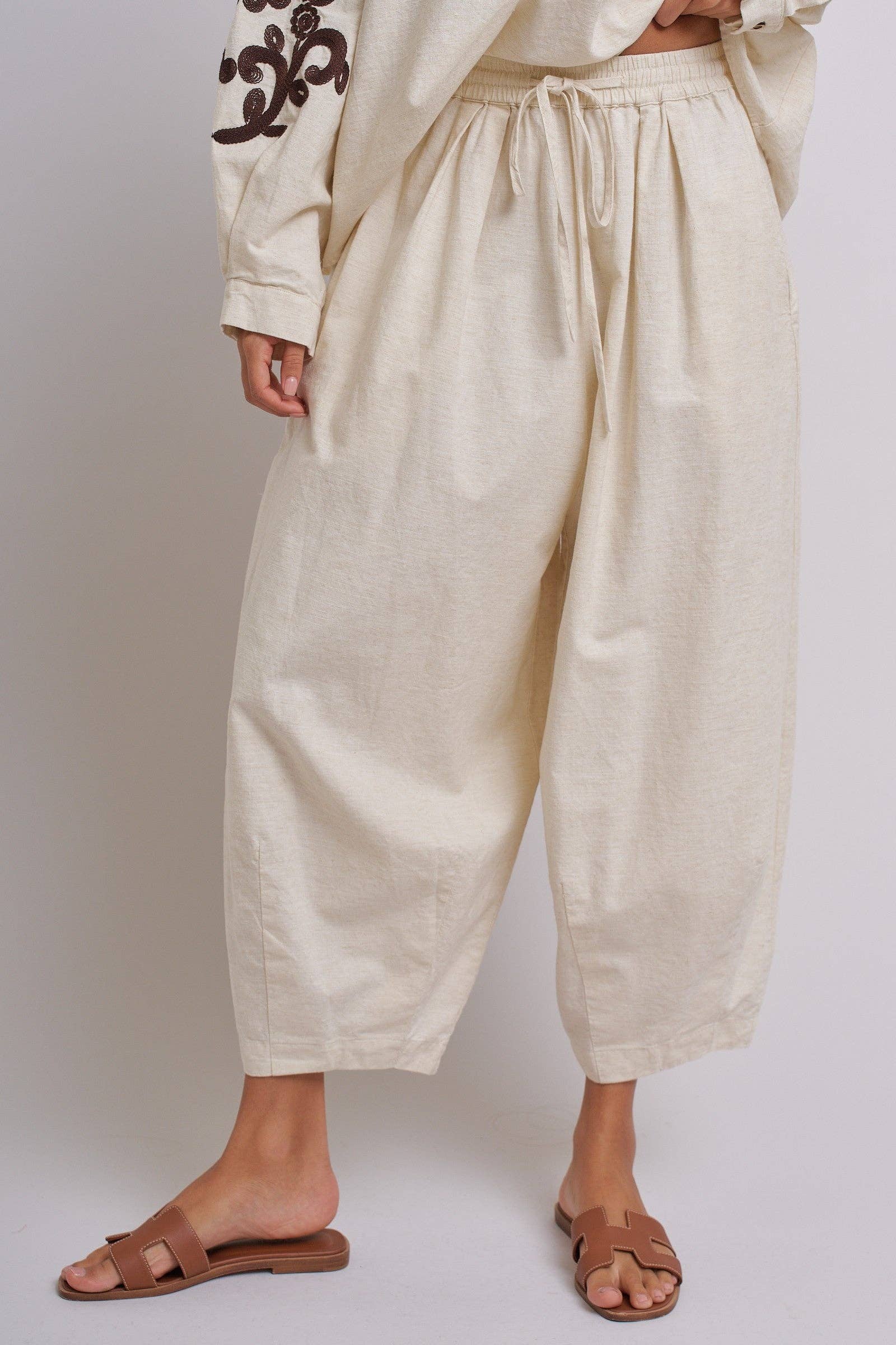 Cotton Linen Drawstring Cocoon Pants with Elastic Waist Unisex T-shirt, Sweatshirt, Hoodie, Long Sleeve Tee - T-Shirt, Sweatshirt, Hoodie