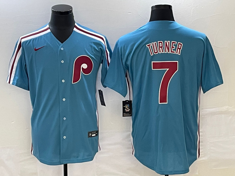 Men's Philadelphia Phillies Trea Turner Blue Replica Player Jersey baseball jersey product view 1