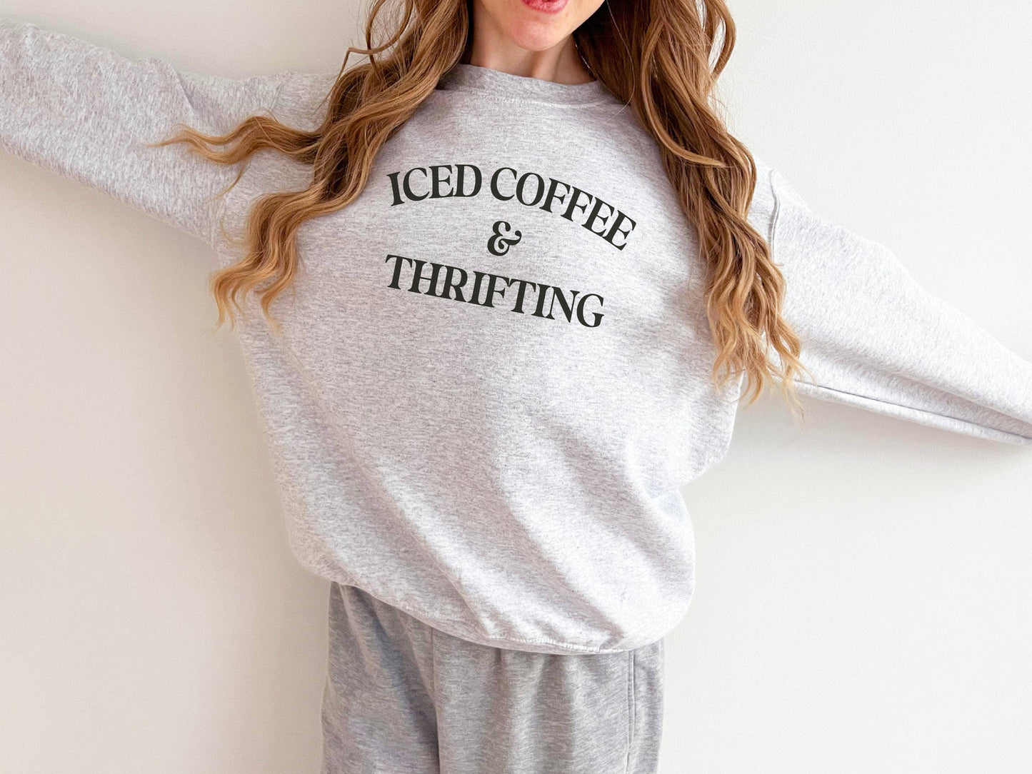 Coffee Sweatshirt, Iced Coffee and Thrifting, Thrifting Unisex T-shirt, Sweatshirt, Hoodie, Long Sleeve Tee - T-Shirt, Sweatshirt, Hoodie