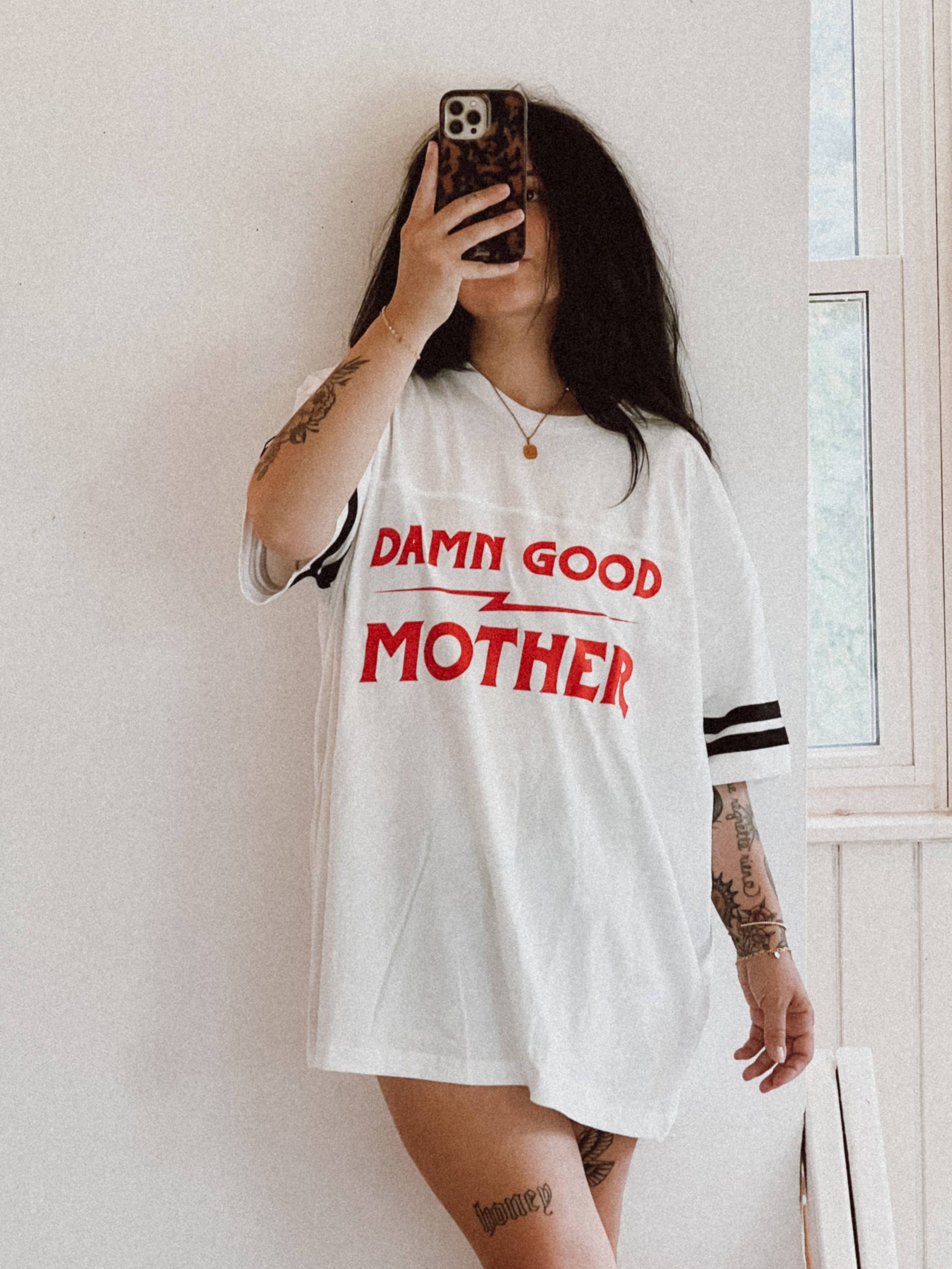 Damn Good Mother Womens Football Jersey T-Shirt - White/Blk Unisex T-shirt, Sweatshirt, Hoodie, Long Sleeve Tee - T-Shirt, Sweatshirt, Hoodie