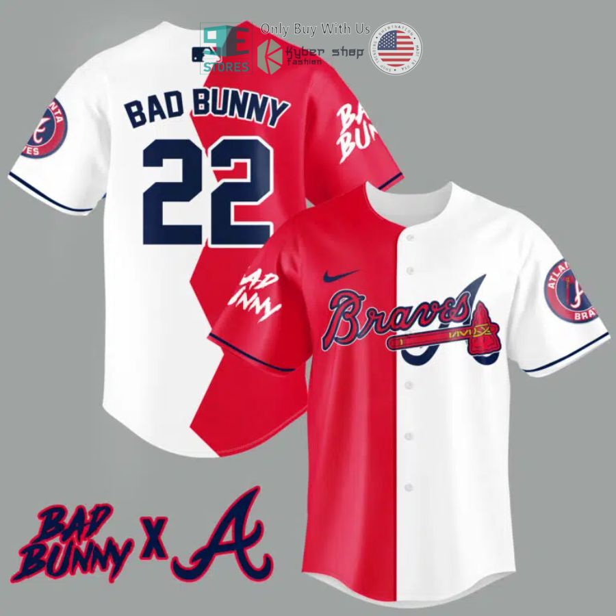 BEST Bad Bunny and Atlanta Braves Baseball Jersey Unisex T-shirt, Sweatshirt, Hoodie, Long Sleeve Tee - T-Shirt, Sweatshirt, Hoodie