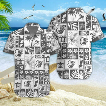 Baltimore Orioles Monochrome Island Hawaiian Shirt Unisex T-shirt, Sweatshirt, Hoodie, Long Sleeve Tee - T-Shirt, Sweatshirt, Hoodie