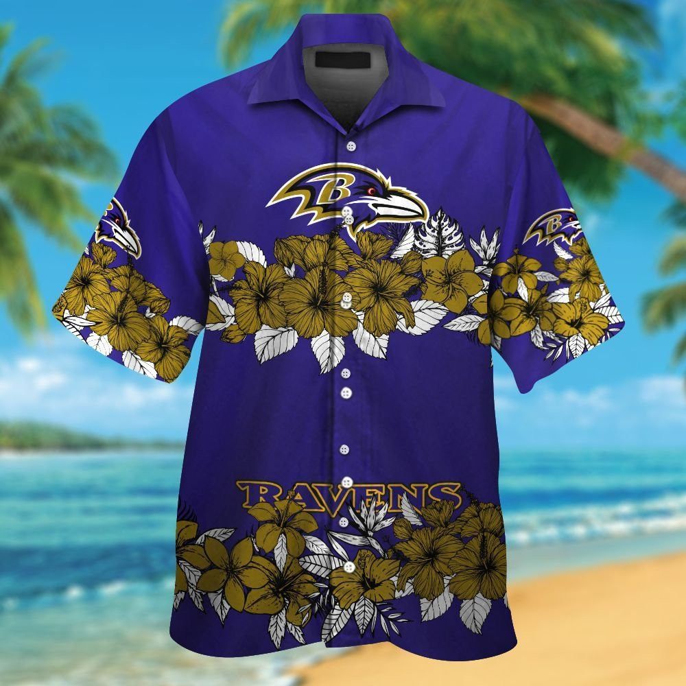 Baltimore Ravens Hawaiian Short Sleeve Tropical Shirt Button Up Unisex T-shirt, Sweatshirt, Hoodie, Long Sleeve Tee - T-Shirt, Sweatshirt, Hoodie