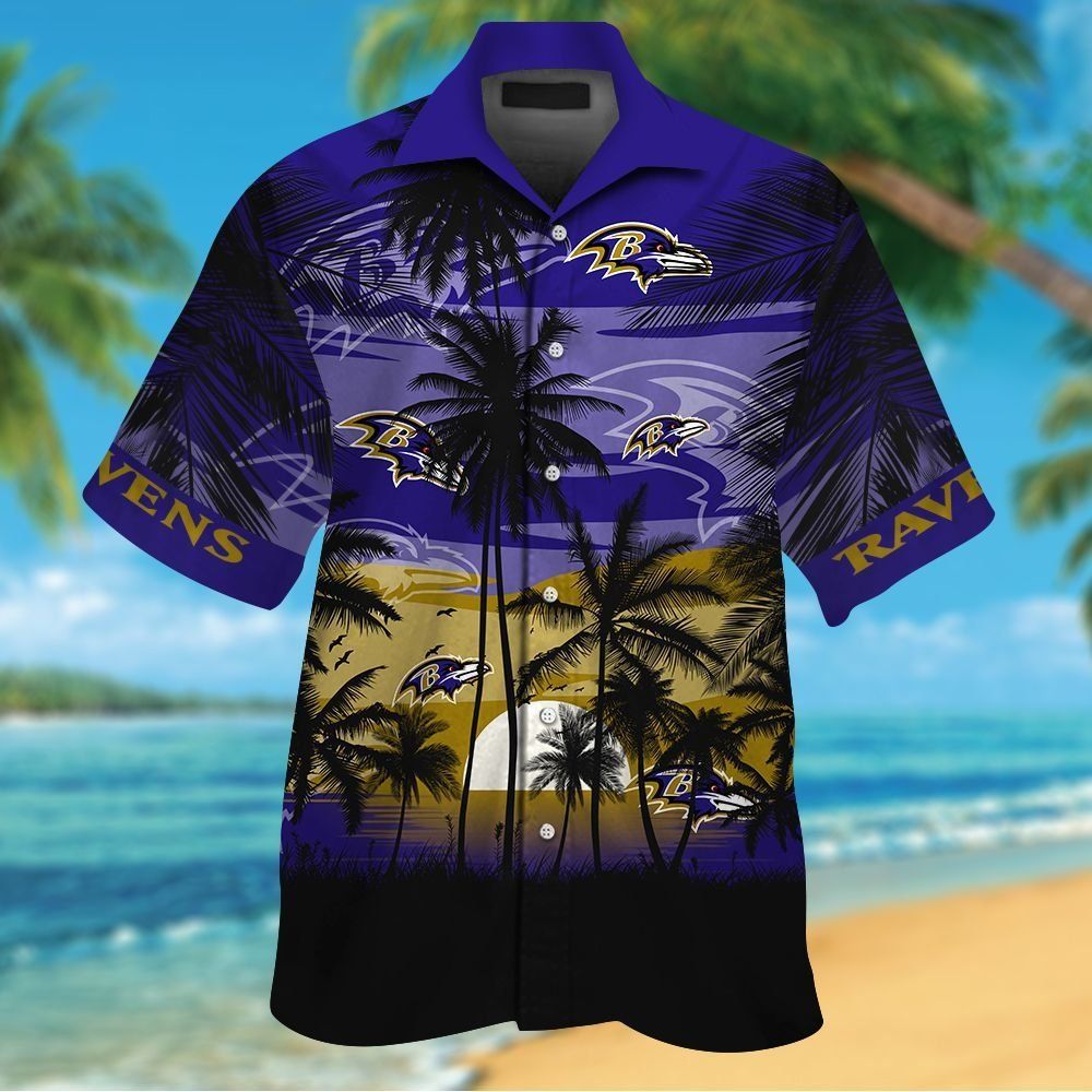 Baltimore Ravens Short Sleeve Button Up Tropical Shirt Hawaiian Shirt Unisex T-shirt, Sweatshirt, Hoodie, Long Sleeve Tee - T-Shirt, Sweatshirt, Hoodie