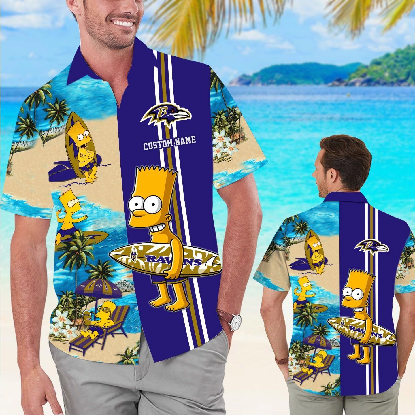 Baltimore Ravens Simpsons Name Personalized Short Sleeve Tropical Hawaiian Shirt Unisex T-shirt, Sweatshirt, Hoodie, Long Sleeve Tee - T-Shirt, Sweatshirt, Hoodie