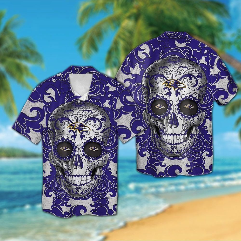 Baltimore Ravens Sugarskull Short Sleeve Button Up Tropical Hawaiian Shirt Unisex T-shirt, Sweatshirt, Hoodie, Long Sleeve Tee - T-Shirt, Sweatshirt, Hoodie