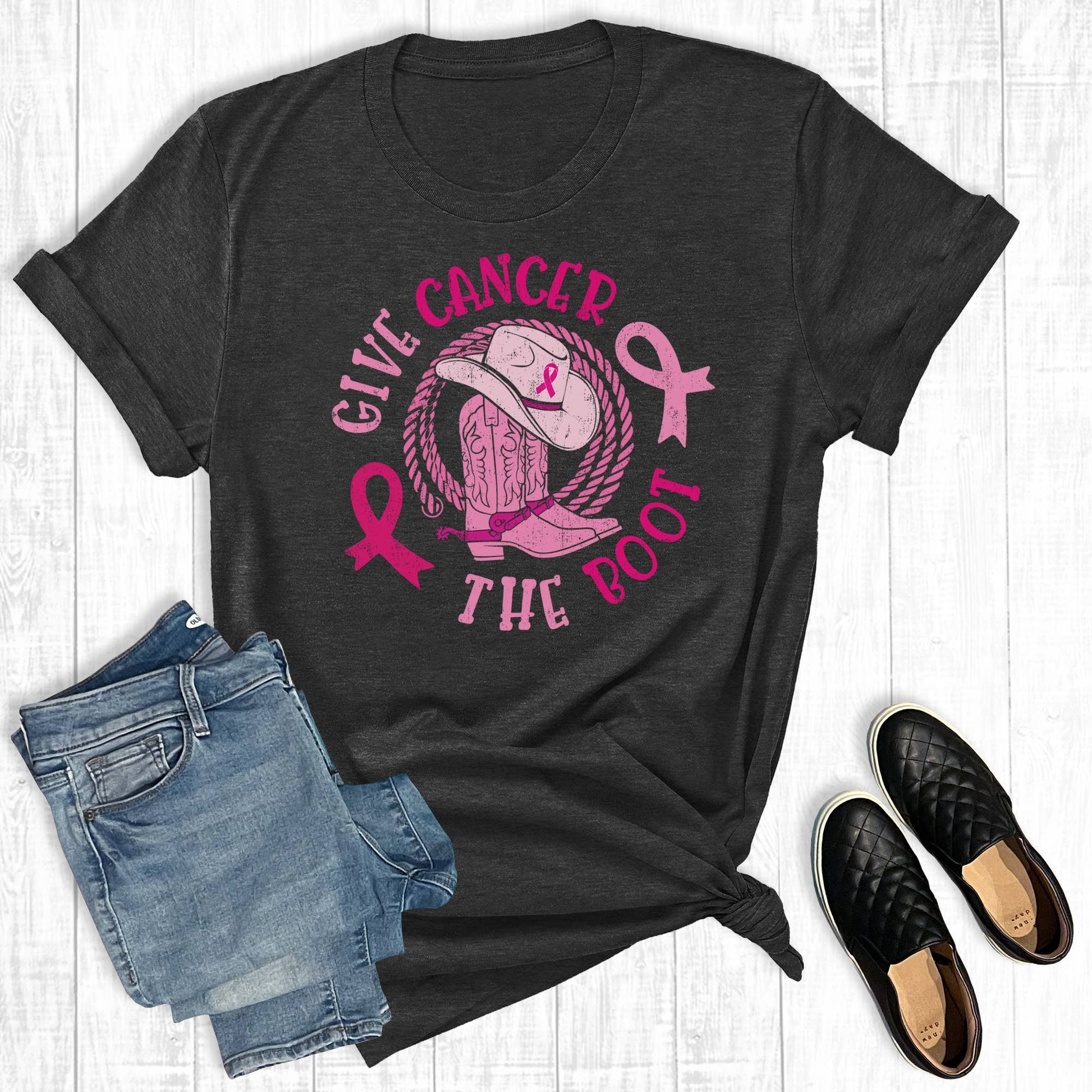 Western Give Cancer the Boot Graphic Tee Unisex T-shirt, Sweatshirt, Hoodie, Long Sleeve Tee - T-Shirt, Sweatshirt, Hoodie
