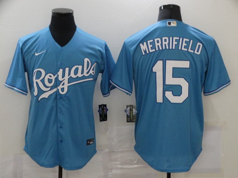 Men's Kansas City Royals Whit Merrifield Blue Replica Baseball Jersey baseball jersey product view 1