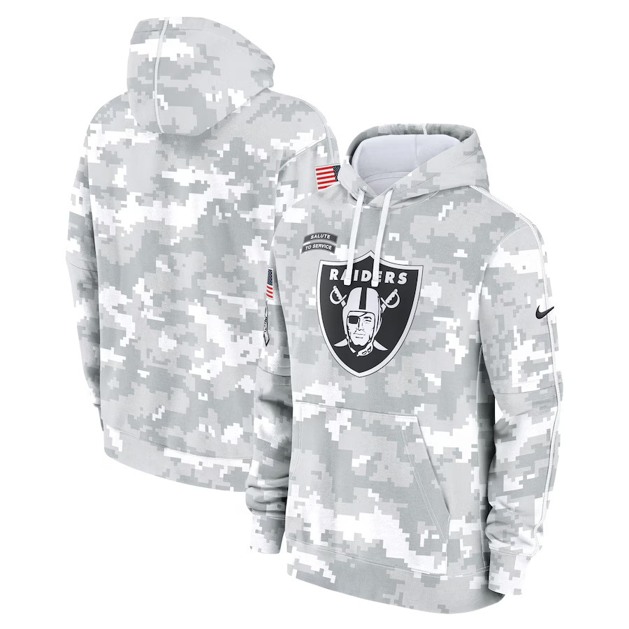Men's Las Vegas Raiders Arctic Camo 2024 Salute to Service Club Fleece Pullover Hoodie football jersey product view 1