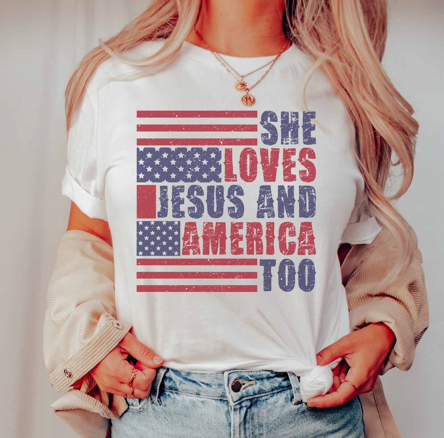 Retro She Loves Jesus Tee | Patriotic T Shirt Unisex T-shirt, Sweatshirt, Hoodie, Long Sleeve Tee - T-Shirt, Sweatshirt, Hoodie