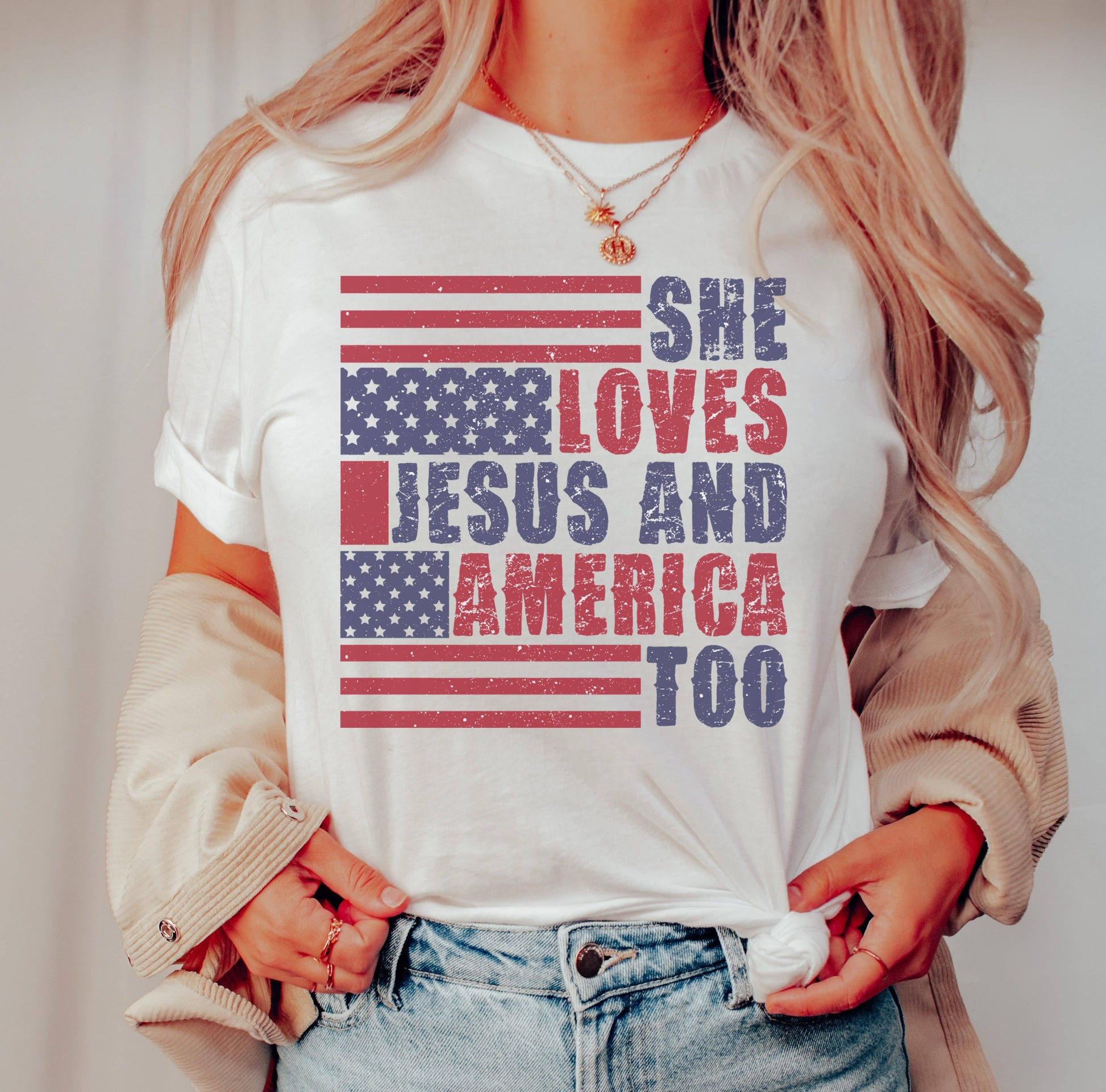 Retro She Loves Jesus Tee | Patriotic T Shirt Unisex T-shirt, Sweatshirt, Hoodie, Long Sleeve Tee - T-Shirt, Sweatshirt, Hoodie