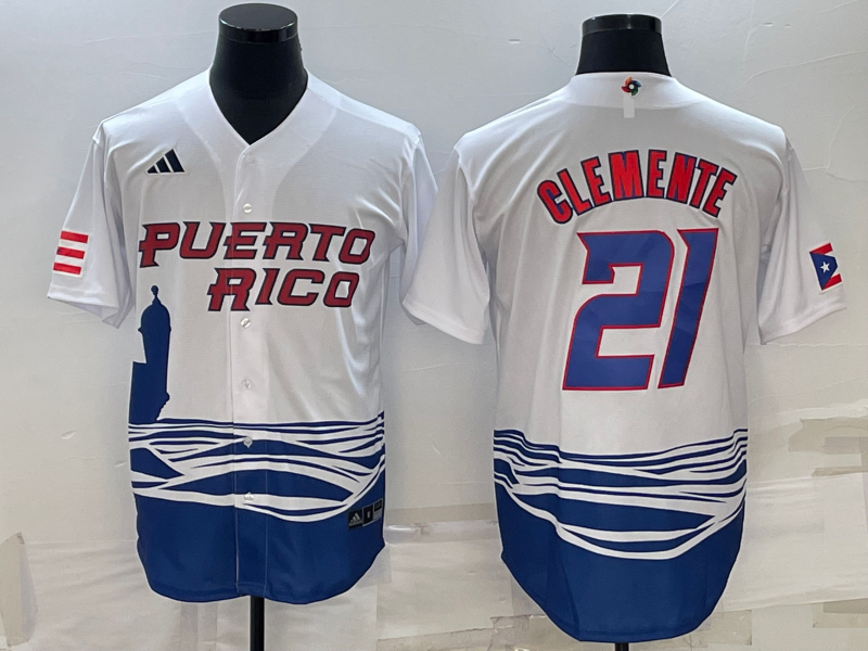 Men's 2023 World Baseball Classic Roberto Clemente Puerto Rico White Jersey baseball jersey product view 1