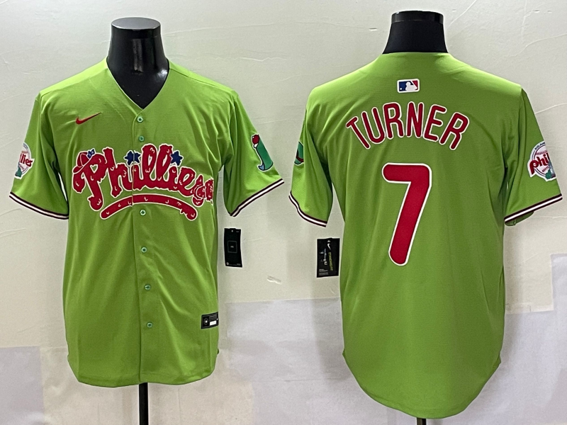 Men's Philadelphia Phillies Trea Turner #7 Green Player Jersey baseball jersey product view 1