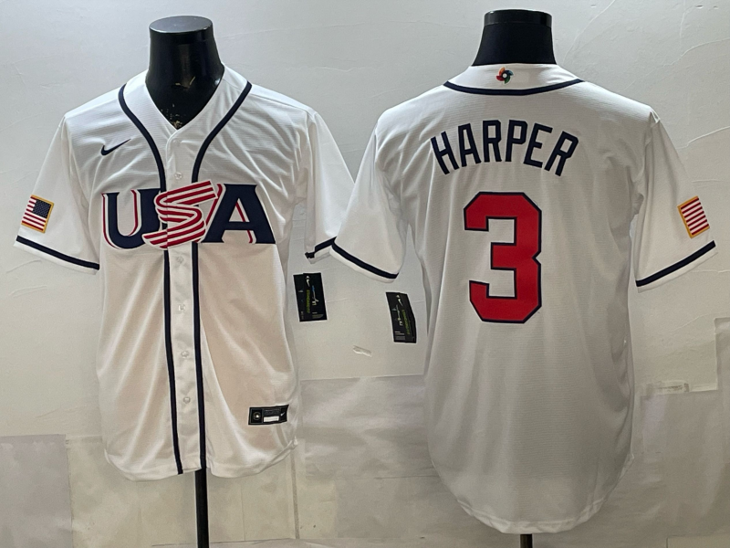 Men's USA Baseball Bryce Harper #3 White 2026 World Baseball Classic Stadium Jersey baseball jersey product view 1