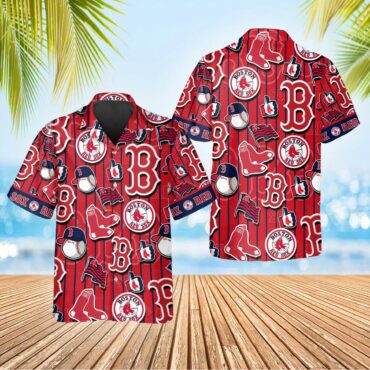 Boston Red Sox Pinstripe Logo Collage Hawaiian Shirt Unisex T-shirt, Sweatshirt, Hoodie, Long Sleeve Tee - T-Shirt, Sweatshirt, Hoodie