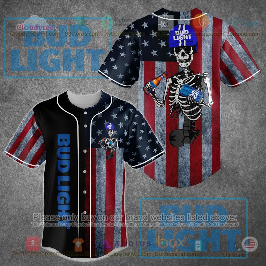 HOT Bud Light Skeleton United States Flag Baseball Jersey Shirt Unisex T-shirt, Sweatshirt, Hoodie, Long Sleeve Tee - T-Shirt, Sweatshirt, Hoodie