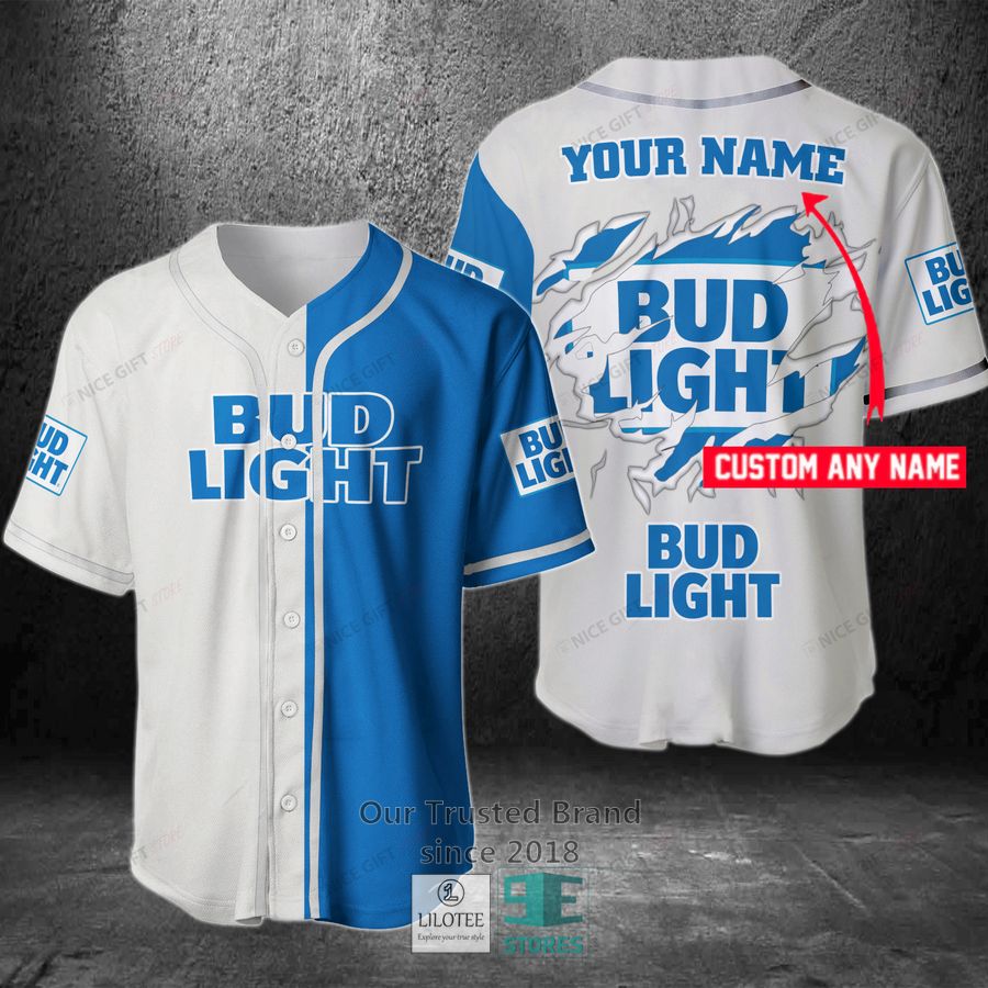 Bud Light Your Name Blue White Baseball Jersey Unisex T-shirt, Sweatshirt, Hoodie, Long Sleeve Tee - T-Shirt, Sweatshirt, Hoodie