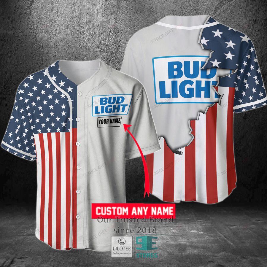 Bud Light Your Name US Flag Baseball Jersey Unisex T-shirt, Sweatshirt, Hoodie, Long Sleeve Tee - T-Shirt, Sweatshirt, Hoodie