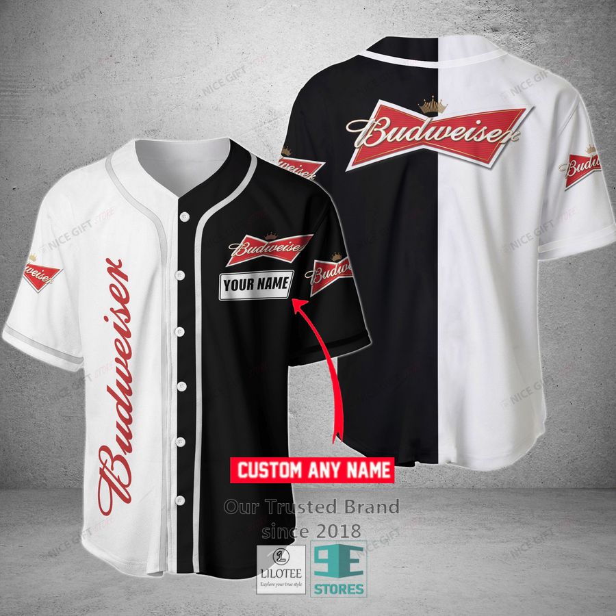Budweiser Your Name Black and White Baseball Jersey Unisex T-shirt, Sweatshirt, Hoodie, Long Sleeve Tee - T-Shirt, Sweatshirt, Hoodie
