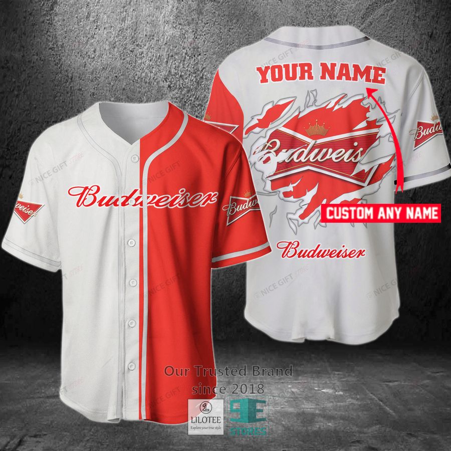 Budweiser Your Name Red White Baseball Jersey Unisex T-shirt, Sweatshirt, Hoodie, Long Sleeve Tee - T-Shirt, Sweatshirt, Hoodie