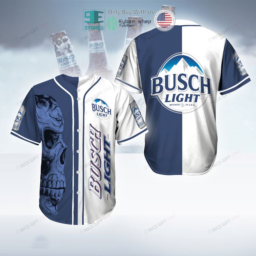 BEST Busch Light logo skull blue white Baseball Jersey Unisex T-shirt, Sweatshirt, Hoodie, Long Sleeve Tee - T-Shirt, Sweatshirt, Hoodie